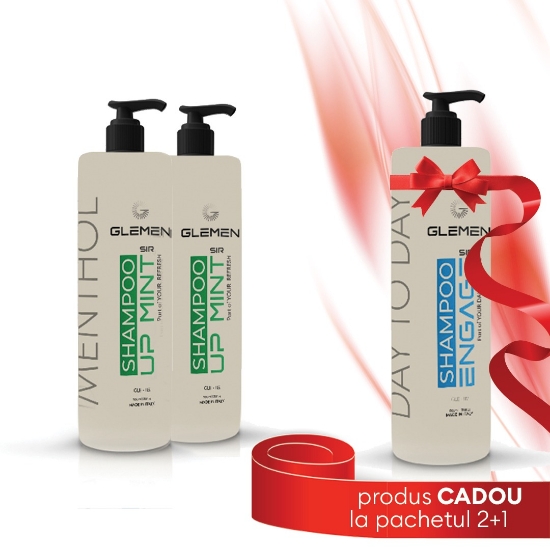 PACHET PROMO - 2X Sampon pentru par - GLEMEN - Menthol - 1000 ml + 1X Sampon GLEMEN Engage 1000 ml - Gratuit